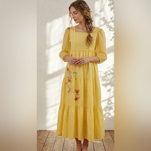 VTG 1960 Liberty House Yellow Dress Boho Hippie Embroidered Festival S Prairie